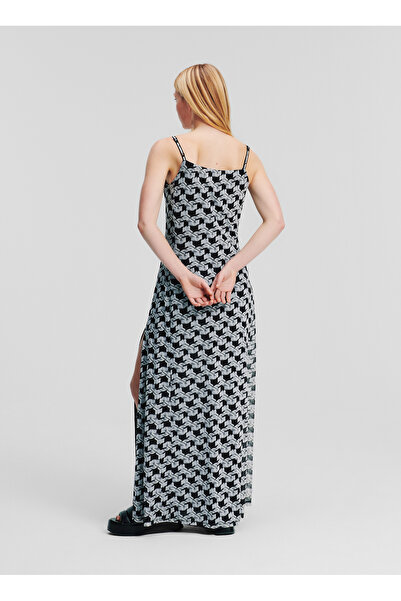 Karl Lagerfeld Jeans Klasik Yaka Desenli Siyah - Beyaz Uzun Kadın Elbise 241J1304