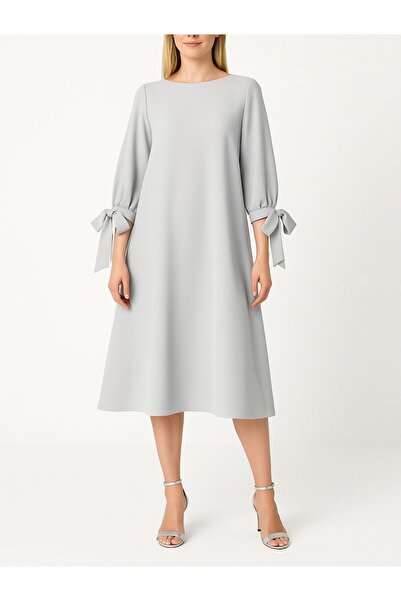 MERT ERKAN Oversized Midi Stylish Satin Dress with Sleeve Mouth Tie Detail