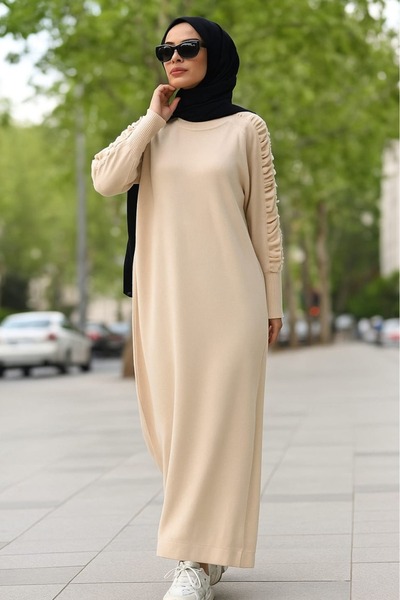 DAMGA Collection Women's Cream Long Stylish Knitwear Dress