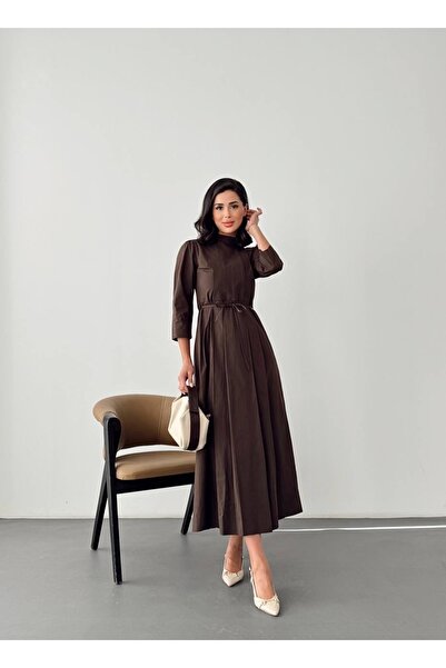 Nesil Дамска рокля с дълъг ръкав, колан и детайли от плат, подходяща за специални поводи и за ежедневно носене