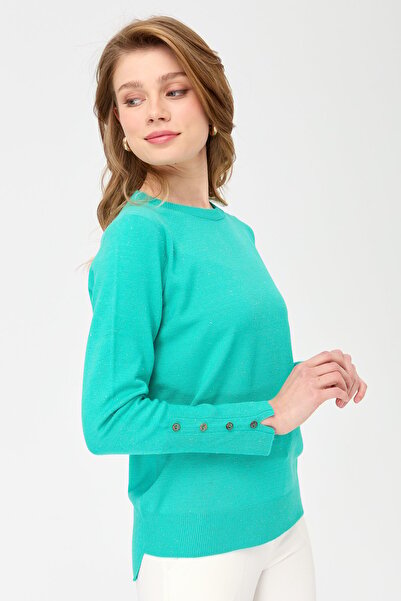 Desen Triko Women's Crew Neck Seamless Short Front Long Back Blouse S.Green