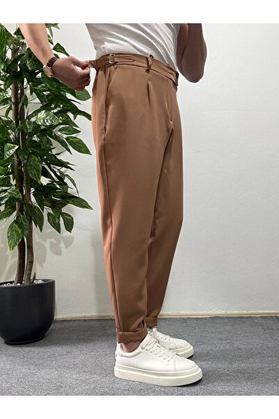 Arvens Men's Brown High Waist Pleated Fabric Baggy Trousers Modern Buttoned Stylish Side Belt