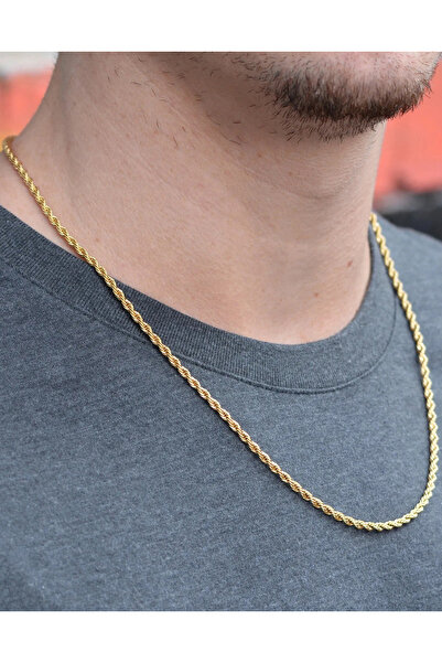 Takı Dükkanı İnce Sarı Burgu Halat Erkek Çelik Zincir Kolye 2 mm eck28k