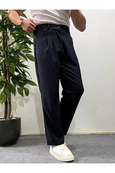 Arvens Men's Navy Blue Pleated Fabric Trousers Modern Buttoned Stylish and Stylish Suitable for Daily Use