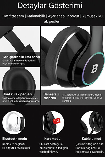 Tech&bello accessories Kablosuz Kulaküstü Bluetooth Kulaklık Stereo-Mikrofon-aux HK-035