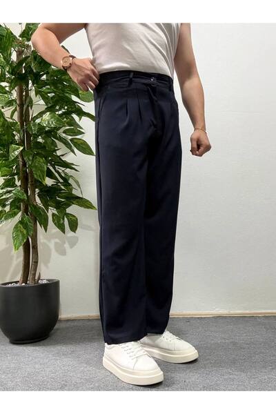 Arvens Men's Navy Blue Pleated Fabric Trousers Modern Buttoned Stylish and Stylish Suitable for Daily Use
