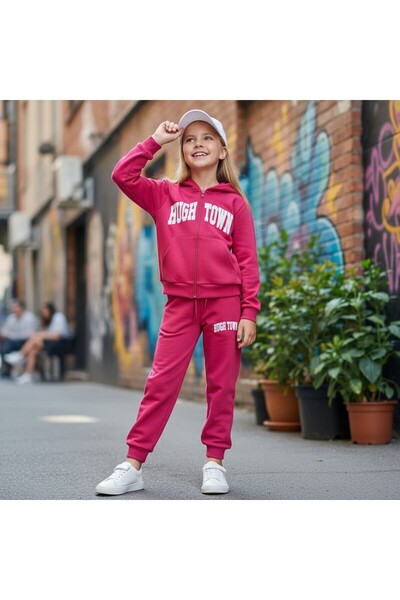 Patriko New Season Pink Color Embosed Print Hooded Zippered Jacket Tracksuit Bottom Top Set for Girls