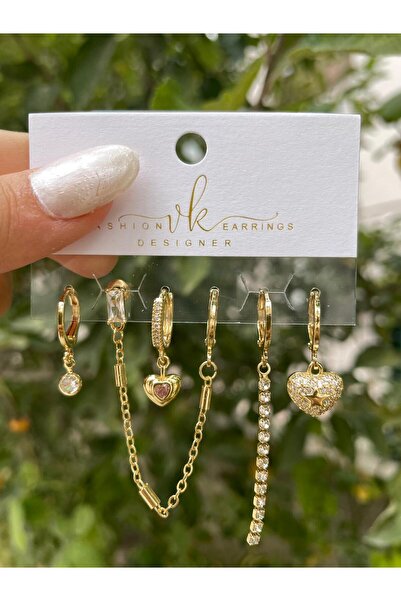 Perry Accesories 6 lı 3 çift zirkon vıp takı kalp kelebek yıldız figürlü çoklu kombin zirkon küpe 14k altın kaplama