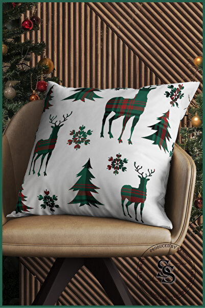 SasoHome Față de pernă imprimată digital cu model de pin de căprioară de Crăciun și fulgi de nea