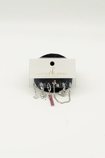 Perry Accesories 6lı 3 çift zirkon vıp takı kalp kelebek yıldız figürlü çoklu kombin zirkon küpe 14k altın kaplama