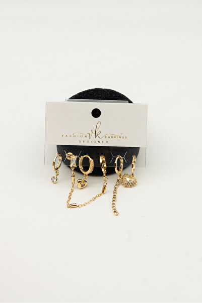 Perry Accesories 6 lı 3 çift zirkon vıp takı kalp kelebek yıldız figürlü çoklu kombin zirkon küpe 14k altın kaplama