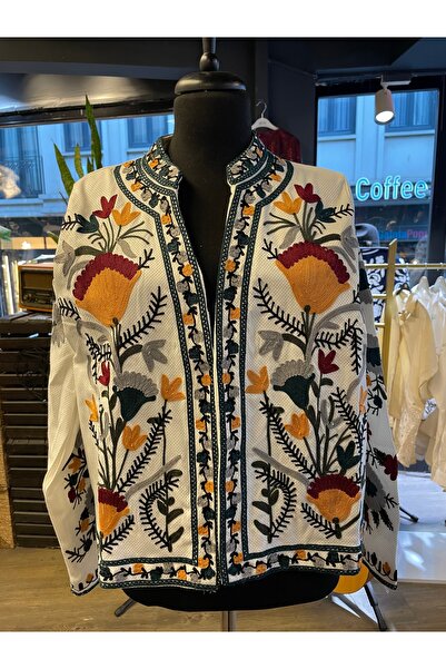 By-esq Women's Design Flower Pattern Embroidery Embroidered Long Sleeve Lined Cotton Color Jacket