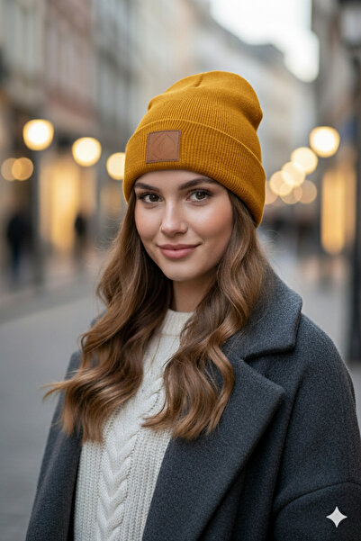 nettofit Women's Winter Leather Label Detailed Mustard Wool Beret