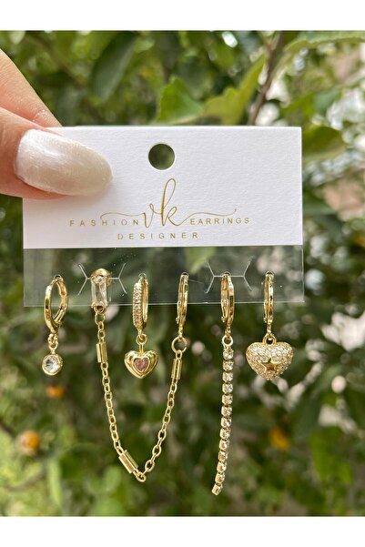 Perry Accesories 6 lı 3 çift zirkon vıp takı kalp kelebek yıldız figürlü çoklu kombin zirkon küpe 14k altın kaplama