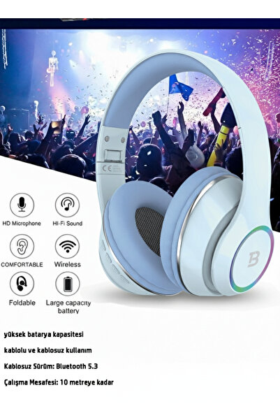 Tech&bello accessories Kablosuz Kulaküstü Mavi-Krem Bluetooth Kulaklık Stereo-Mikrofon-aux Sd Kart HK-035