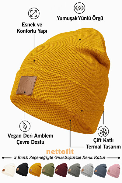 nettofit Women's Winter Leather Label Detailed Mustard Wool Beret