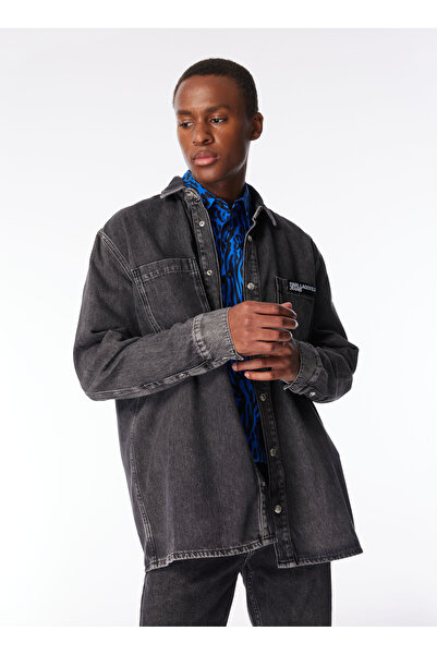 Karl Lagerfeld Relaxed Fit Koyu Gri Erkek Denim Gömlek 240D1600 KLJ RELAXED LOGO SHIRT JAC
