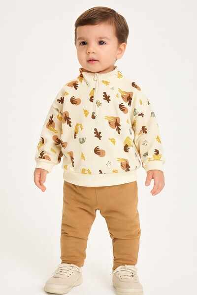 dinamik çocuk Baby Boy 2-Piece Seasonal Tracksuit Set with Half Zipper - Abstract Desert Patterned 6-9-12-18-24Months