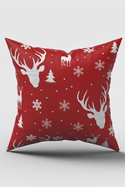SasoHome Husă de pernă imprimată digital cu model de căprioare și fulgi de nea pe fundal roșu
