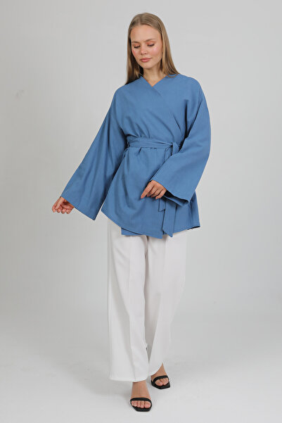 PASTELASTORE Kimono de vară pentru femei, 100% bumbac, cu buzunar, centură 1166 - țesătură naturală respirabilă
