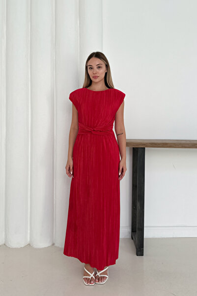 MODAMİNEM Women's Red Pleated Lacing Detail Dress