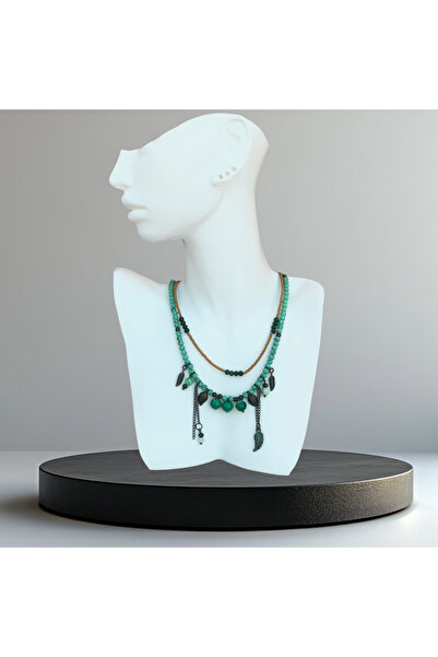 Alyas Aksesuar Handmade Turquoise Stone Leaf Necklace-40 cm