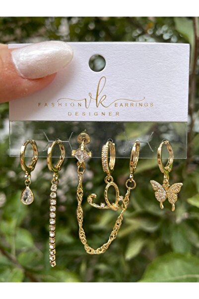 Perry Accesories 6 lı 3 çift zirkon vıp takı kalp kelebek yıldız figürlü çoklu kombin zirkon küpe 14k altın kaplama