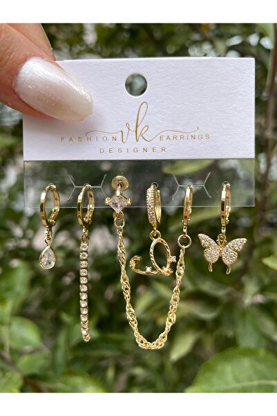 Perry Accesories 6 lı 3 çift zirkon vıp takı kalp kelebek yıldız figürlü çoklu kombin zirkon küpe 14k altın kaplama