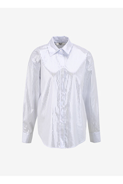 People By Fabrika Bol Kesim Çizgili Gri - Beyaz Kadın Gömlek SPBF4SL-GML5598