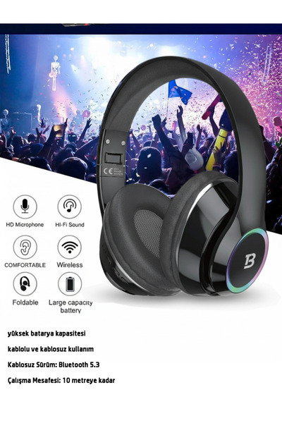 Tech&bello accessories Kablosuz Kulaküstü Siyah-Krem Bluetooth Kulaklık Stereo-Mikrofon-aux Sd Kart HK-035