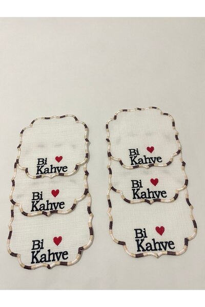 zeydam 6 قطع من مناديل كوكتيل وفناجين وحامل من Bi Coffee مطرزة باللون البني