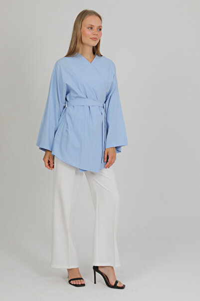 PASTELASTORE Kimono de vară pentru femei, 100% bumbac, cu buzunar, centură 1166 - țesătură naturală respirabilă