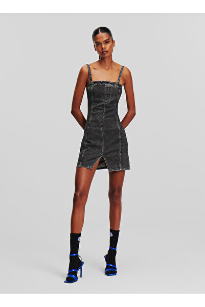 Karl Lagerfeld Jeans Kare Yaka Düz Mavi Kısa Kadın Elbise 240J1300