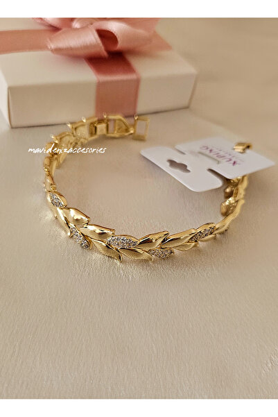m mavi deniz accesories Xuping 14 Ayar Altın Rengi Bileklik Taşlı Yaprak Desen Kadın Bileklik Yeni Sezon Kararmaz Bileklik