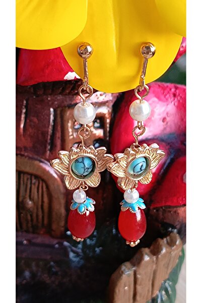 QERMA Turkuaz Taşlı Otantik Küpe - Sıkıştırmalı küpe - Vidalı küpe- deliksiz küpe Ear Cuff Küpe