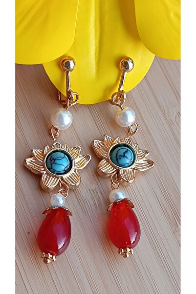 QERMA Turkuaz Taşlı Otantik Küpe - Sıkıştırmalı küpe - Vidalı küpe- deliksiz küpe Ear Cuff Küpe