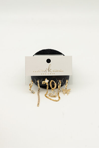 Perry Accesories 6 lı 3 çift zirkon vıp takı kalp kelebek yıldız figürlü çoklu kombin zirkon küpe 14k altın kaplama