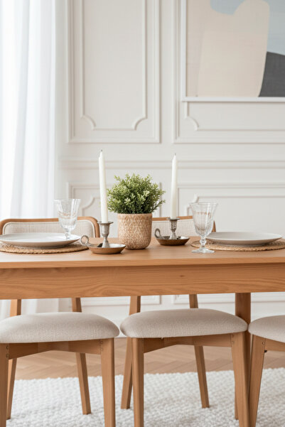 Woodenbend Bohem Masif Natural Ahşap Döşemeli Masa Sandalye Takımı 80x120 – İskandinav Bohem Tarzı Yemek Seti