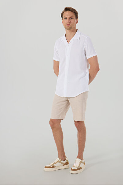 People By Fabrika Bej Erkek Bağlamalı Bel Balıksırtı Keten Karışımlı Şort PBF...