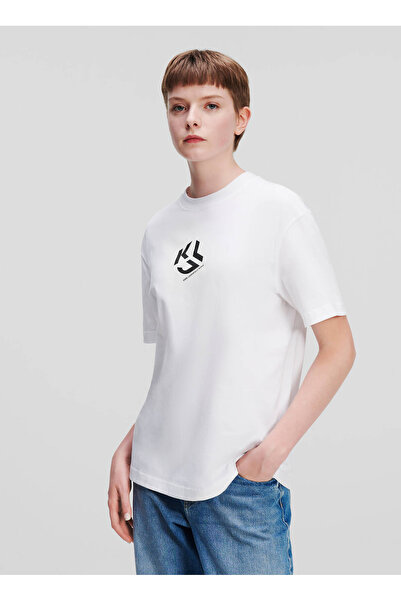 Karl Lagerfeld Jeans Yuvarlak Yaka Baskılı Beyaz Kadın T-Shirt 236J1707