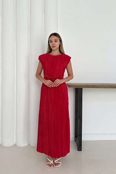 MODAMİNEM Women's Red Pleated Lacing Detail Dress
