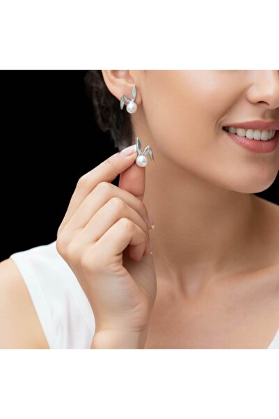 HOBİSY GIFT SHOP Silver Color Steel Earrings with Pearl Detail in Rabbit Ear ...