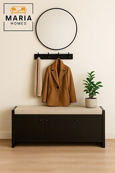 MARIA HOMES مقعد تخزين خشبي أسود مع وسادة - خزانة أحذية المدخل (120×40×52 سم)