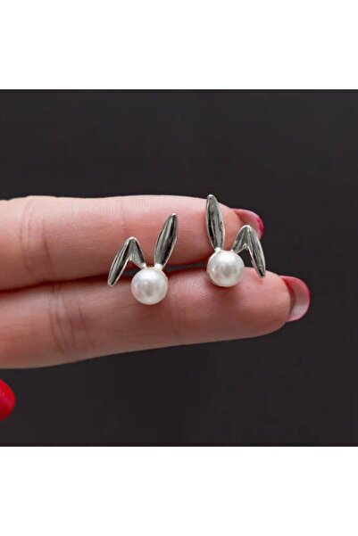 toptanhanem Silver Color Pearl Earrings with Rabbit Ear Design – Women's Stee...