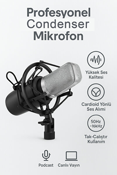 Coverzone Mikrofon - Condenser, Cardioid, 3.5mm Tak-Çalıştır, 37dB Hassas, PC...