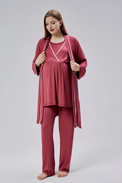 Reyhanlar Combed Cotton Women's Maternity Short Robe Short Sleeve Nightgown Set Pomegranate Flower