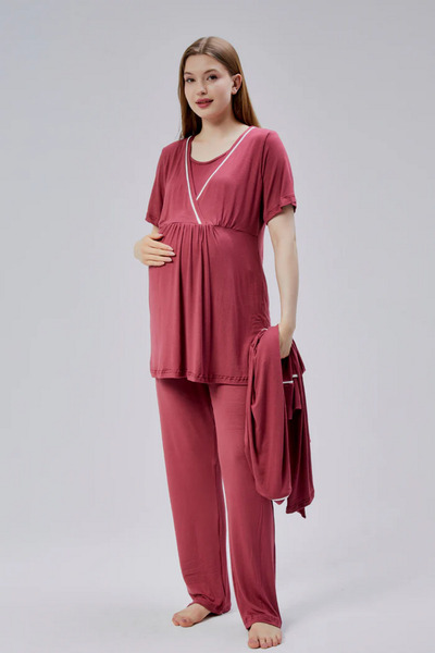 Reyhanlar Combed Cotton Women's Maternity Short Robe Short Sleeve Nightgown Set Pomegranate Flower