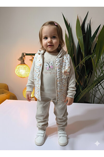 Hippıl Baby طقم ثلاثي بنقشة الفراشة للفتيات الصغيرات (سترة بزر كبس على الكتف + سترة بقلنسوة مزينة بالدانتيل + بنطلون)