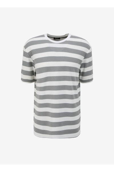 People By Fabrika Bisiklet Yaka Çizgili Gri Erkek T-Shirt SPBF4SM-TST5011