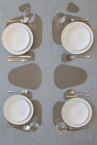 YUNUSOĞLU HOME Leather American Tableware and Cutlery Set Brown 12 Pieces 37 X 44 cm